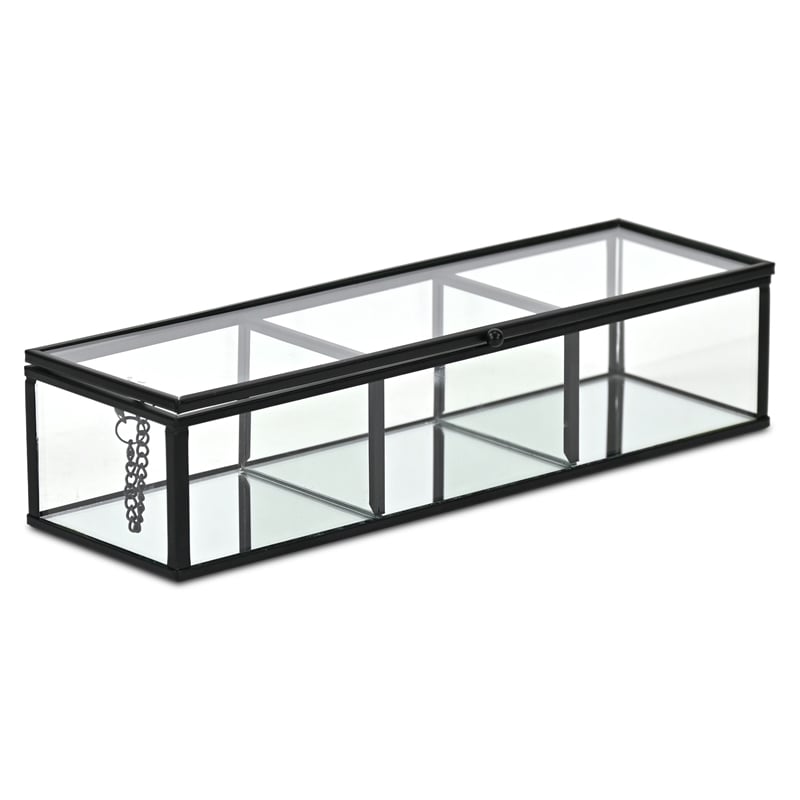 Pemberly Row Mirrored Glass Display Box with 3 Compartments in Black