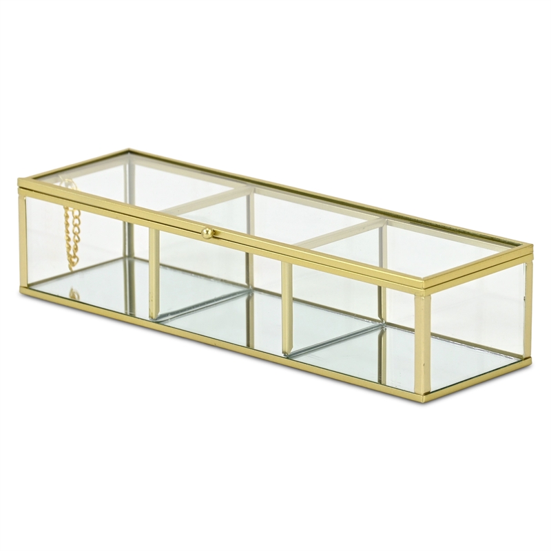 Pemberly Row Mirrored Glass Display Box with 3 Compartments in Gold