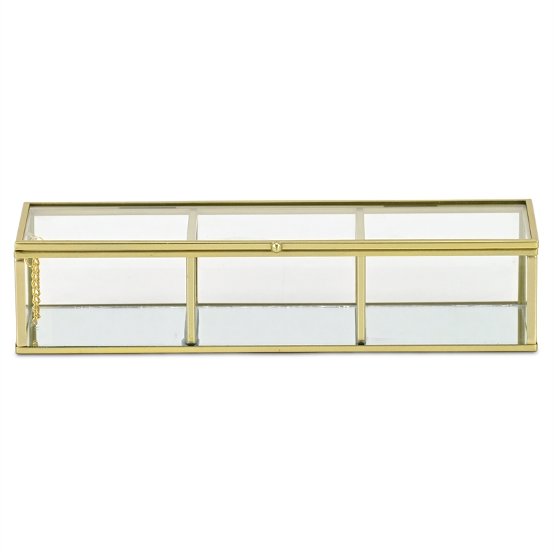 Pemberly Row Mirrored Glass Display Box with 3 Compartments in Gold