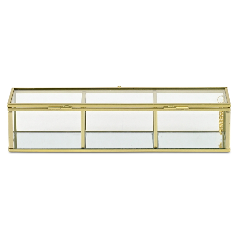 Pemberly Row Mirrored Glass Display Box with 3 Compartments in Gold