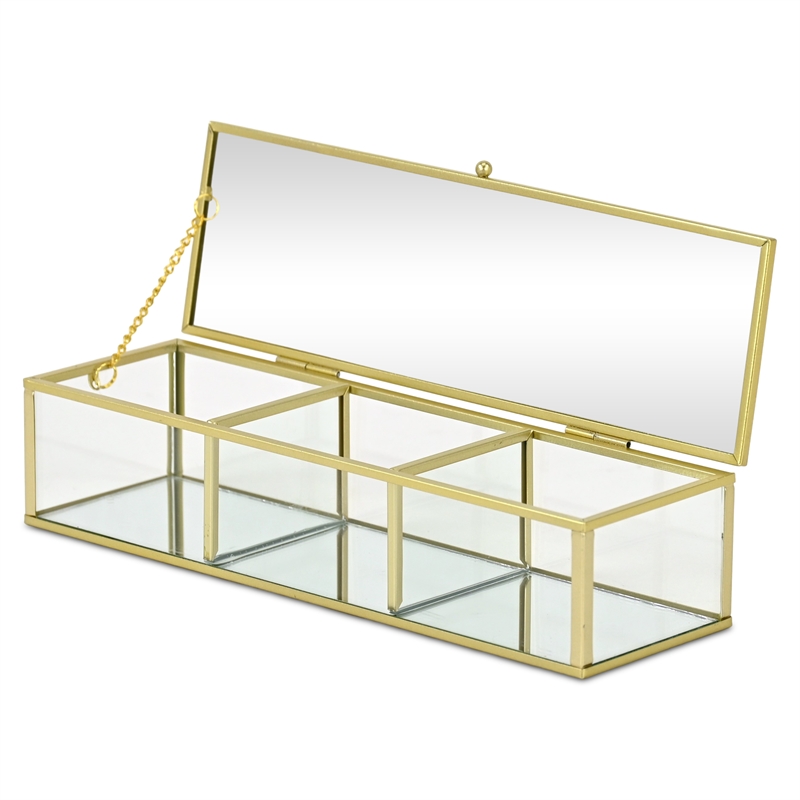Pemberly Row Mirrored Glass Display Box with 3 Compartments in Gold