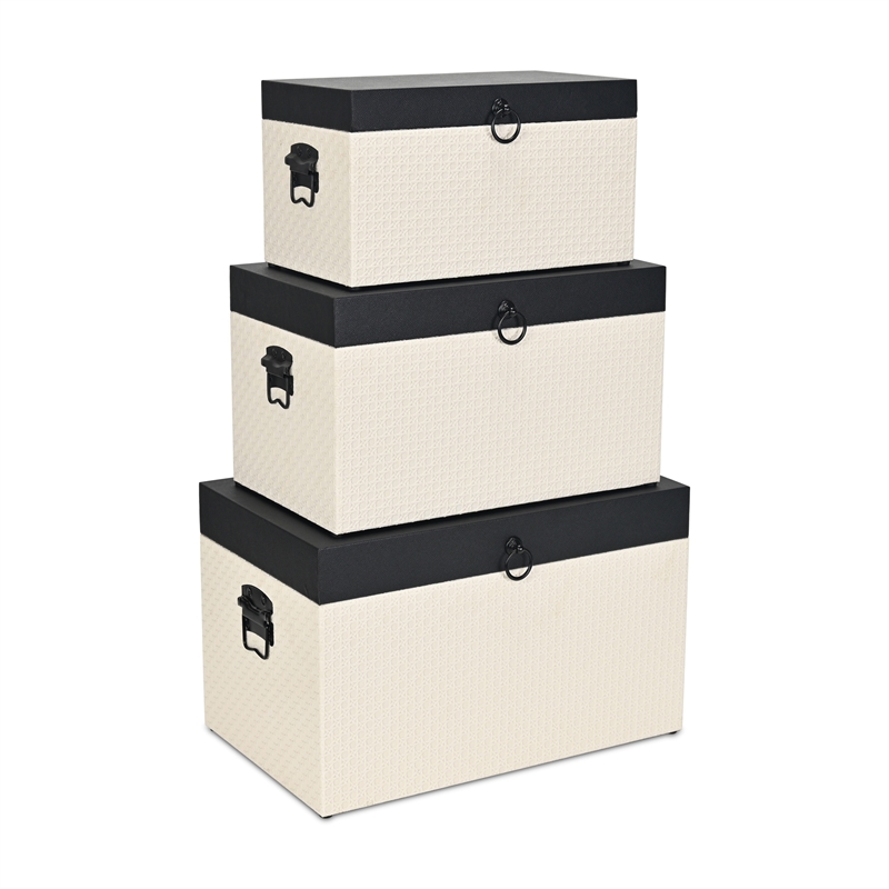 Pemberly Row Set of 3 Black Shagreen & Cream Wicker Pattern Storage Trunks
