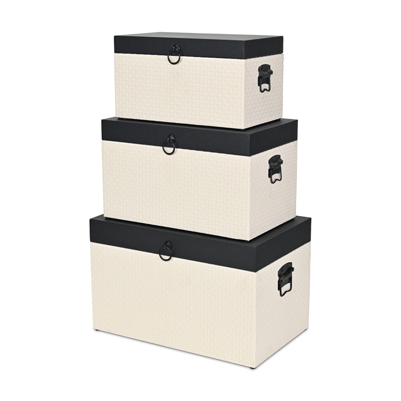 Pemberly Row Set of 3 Black Shagreen & Cream Wicker Pattern Storage Trunks
