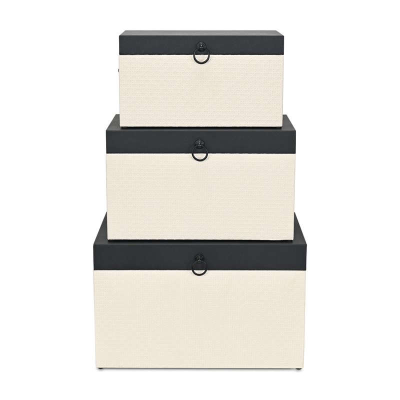 Pemberly Row Set of 3 Black Shagreen & Cream Wicker Pattern Storage Trunks