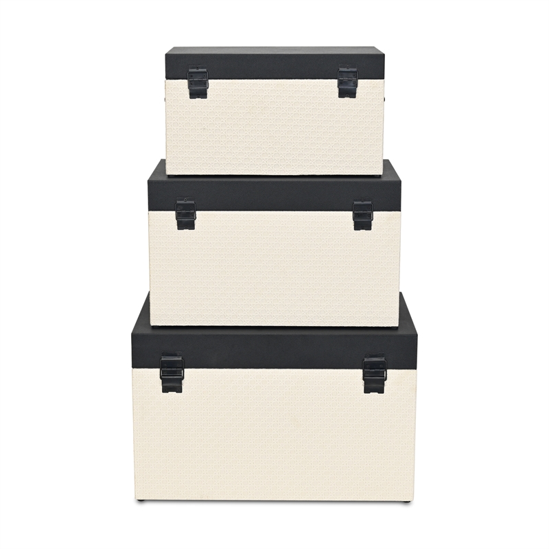 Pemberly Row Set of 3 Black Shagreen & Cream Wicker Pattern Storage Trunks