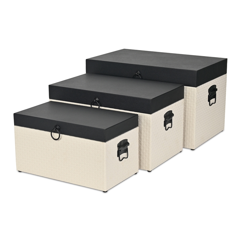 Pemberly Row Set of 3 Black Shagreen & Cream Wicker Pattern Storage Trunks