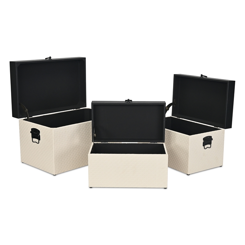 Pemberly Row Set of 3 Black Shagreen & Cream Wicker Pattern Storage Trunks