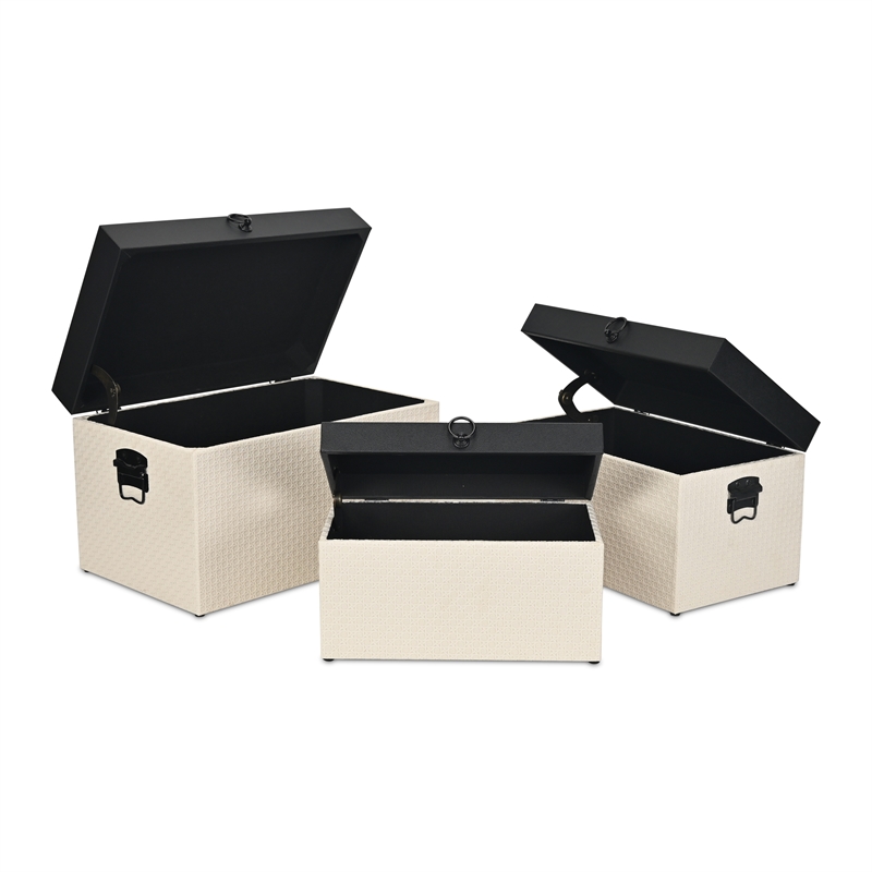 Pemberly Row Set of 3 Black Shagreen & Cream Wicker Pattern Storage Trunks