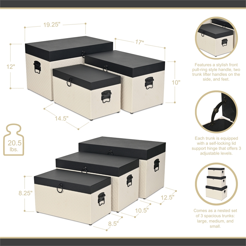 Pemberly Row Set of 3 Black Shagreen & Cream Wicker Pattern Storage Trunks