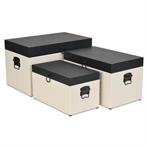 Pemberly Row Set of 3 Black Shagreen & Cream Wicker Pattern Storage Trunks