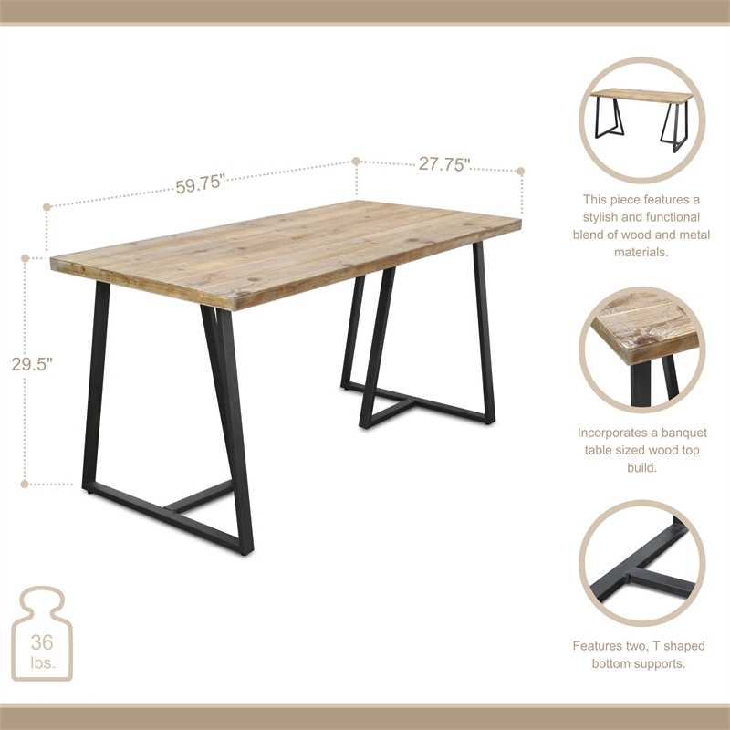 Pemberly Row Wood and Black Metal T Leg Banquet Table