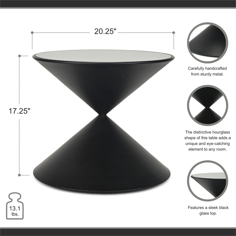 Pemberly Row Hourglass Black Metal Table with Glass Top