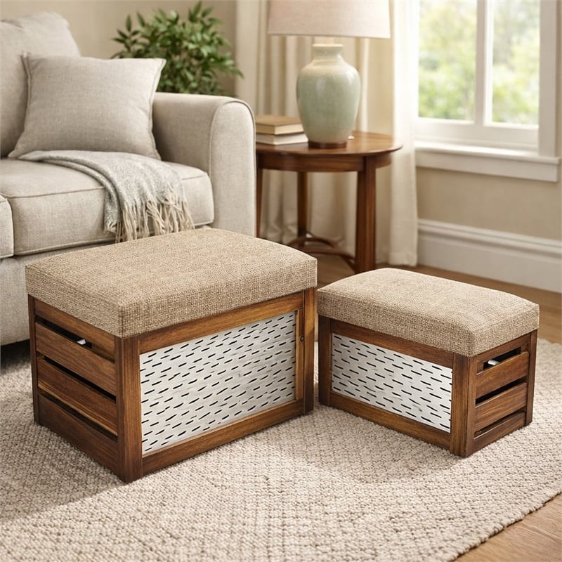 Pemberly Row Nesting Cushioned Wood and Metal Storage Benches Set of 2
