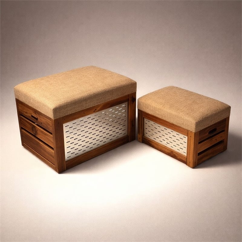 Pemberly Row Nesting Cushioned Wood and Metal Storage Benches Set of 2