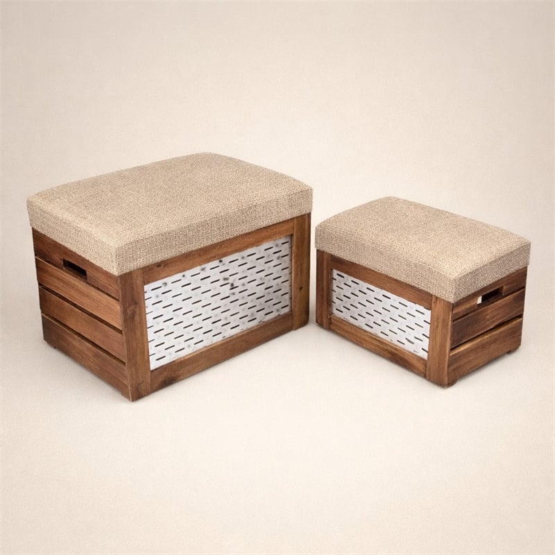 Pemberly Row Nesting Cushioned Wood and Metal Storage Benches Set of 2