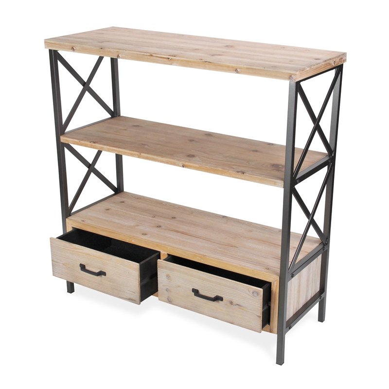 Pemberly Row 3 Tier and Two Drawer Wood and Metal Shelf