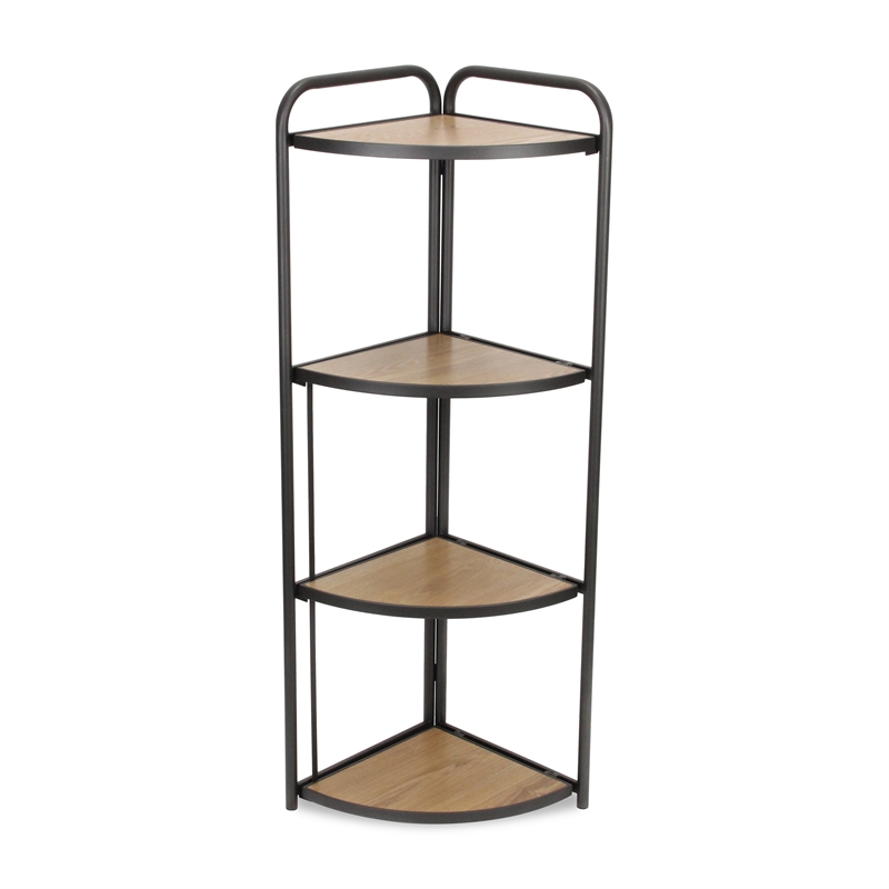 Pemberly Row Foldable 4 Tier Wood and Metal Corner Shelf