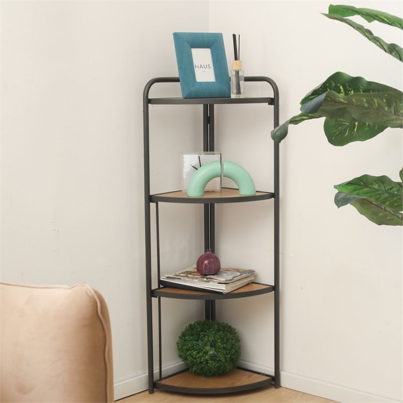 Pemberly Row Foldable 4 Tier Wood and Metal Corner Shelf