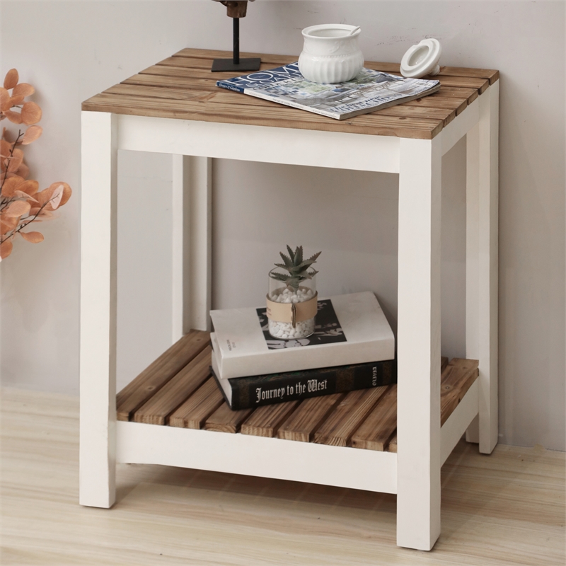 Pemberly Row Brown and White Wooden Side Table with Storage