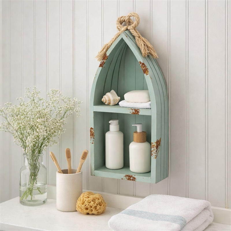 Pemberly Row Small Canoe Style 2 Tier Wooden Shelf