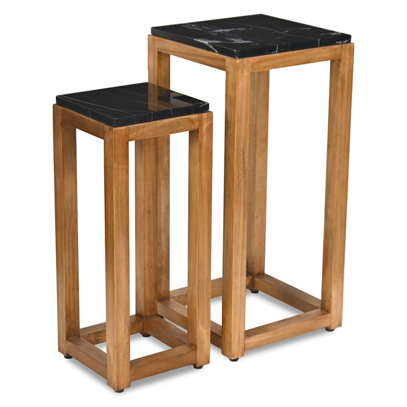 Pemberly Row Set of 2 Black Marble Topped Wood Tables