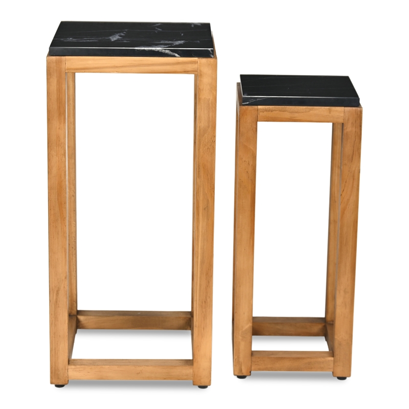 Pemberly Row Set of 2 Black Marble Topped Wood Tables