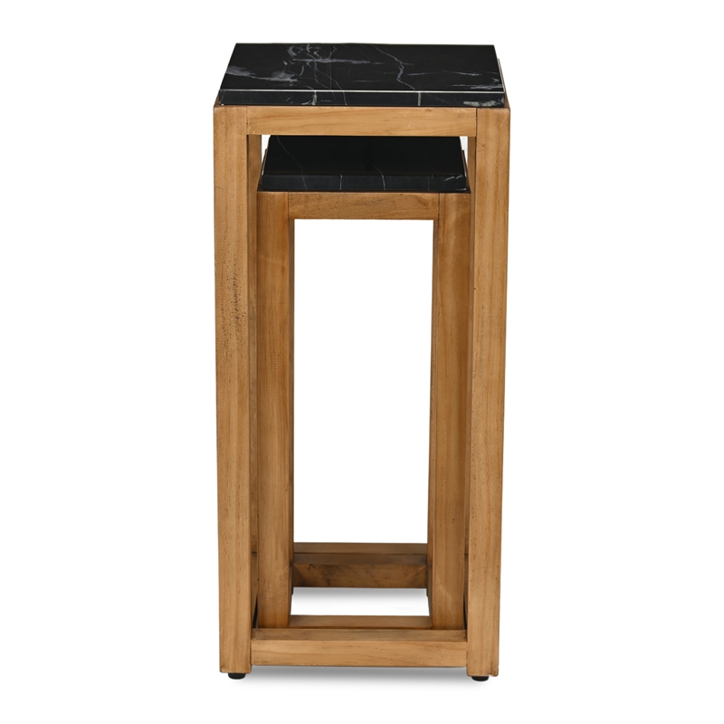 Pemberly Row Set of 2 Black Marble Topped Wood Tables