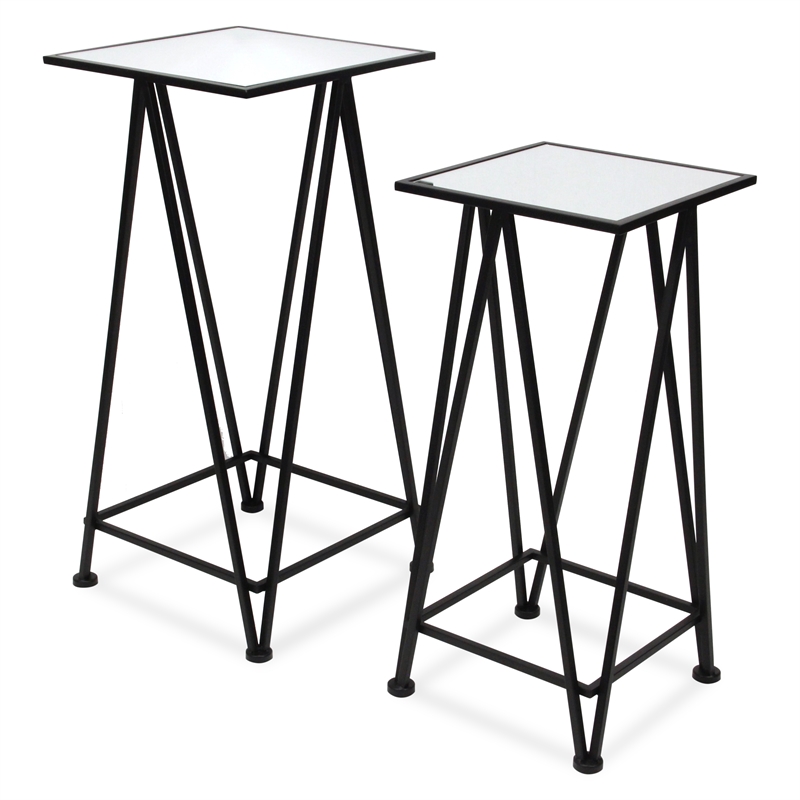 Pemberly Row Set of 2 Square Metal Tables with Mirror Tops in Black