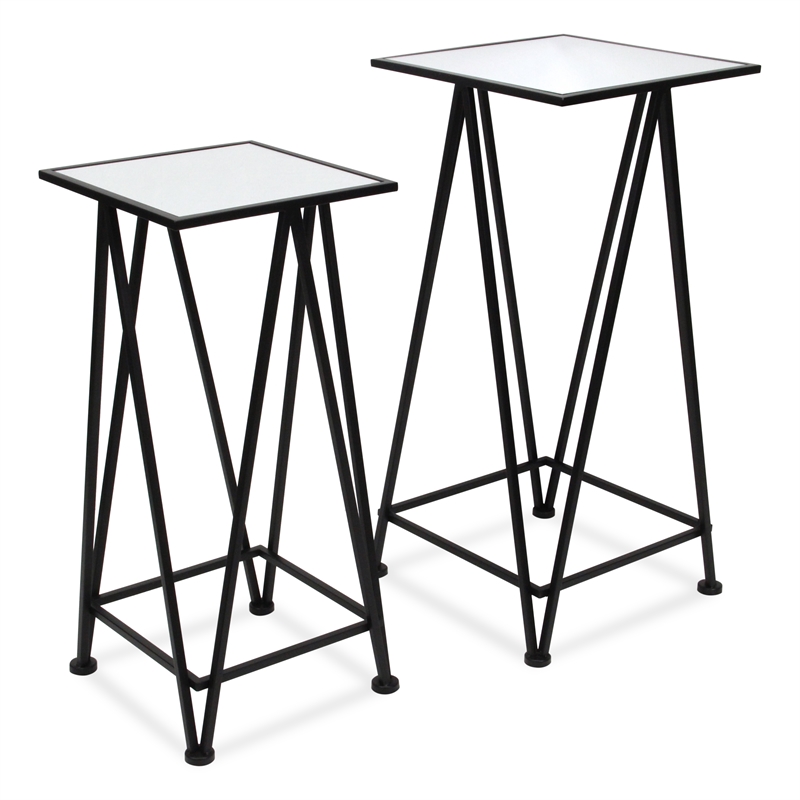Pemberly Row Set of 2 Square Metal Tables with Mirror Tops in Black