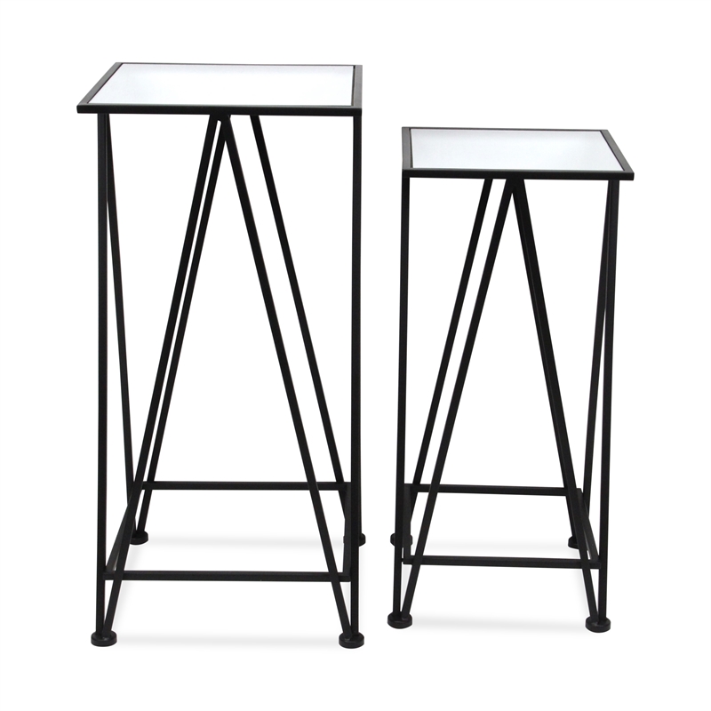 Pemberly Row Set of 2 Square Metal Tables with Mirror Tops in Black