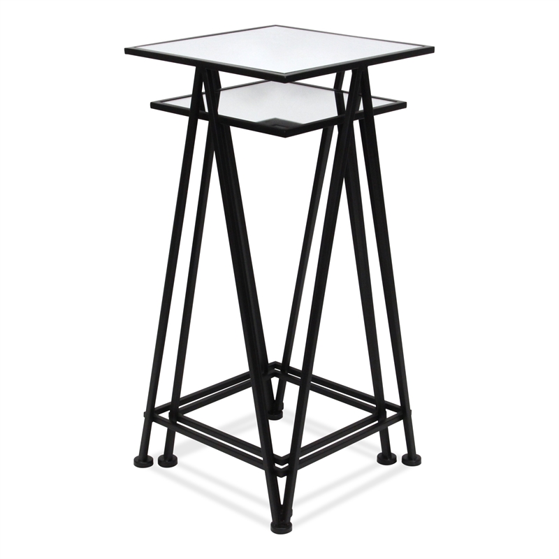 Pemberly Row Set of 2 Square Metal Tables with Mirror Tops in Black