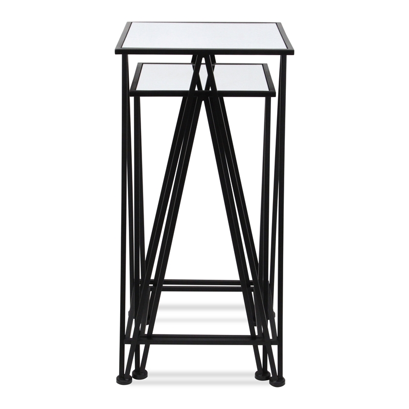 Pemberly Row Set of 2 Square Metal Tables with Mirror Tops in Black