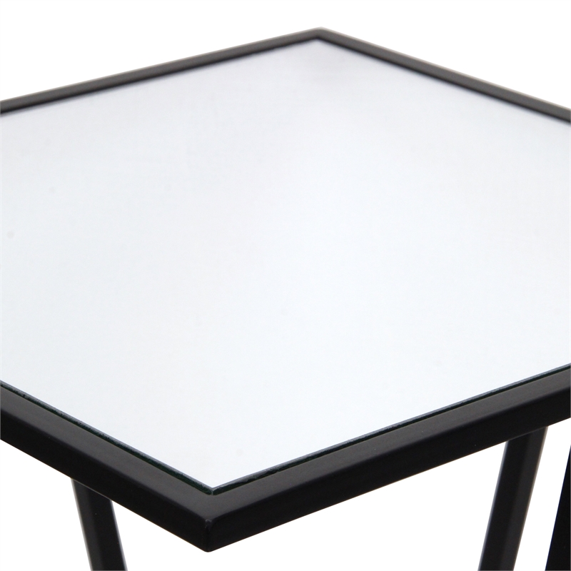 Pemberly Row Set of 2 Square Metal Tables with Mirror Tops in Black