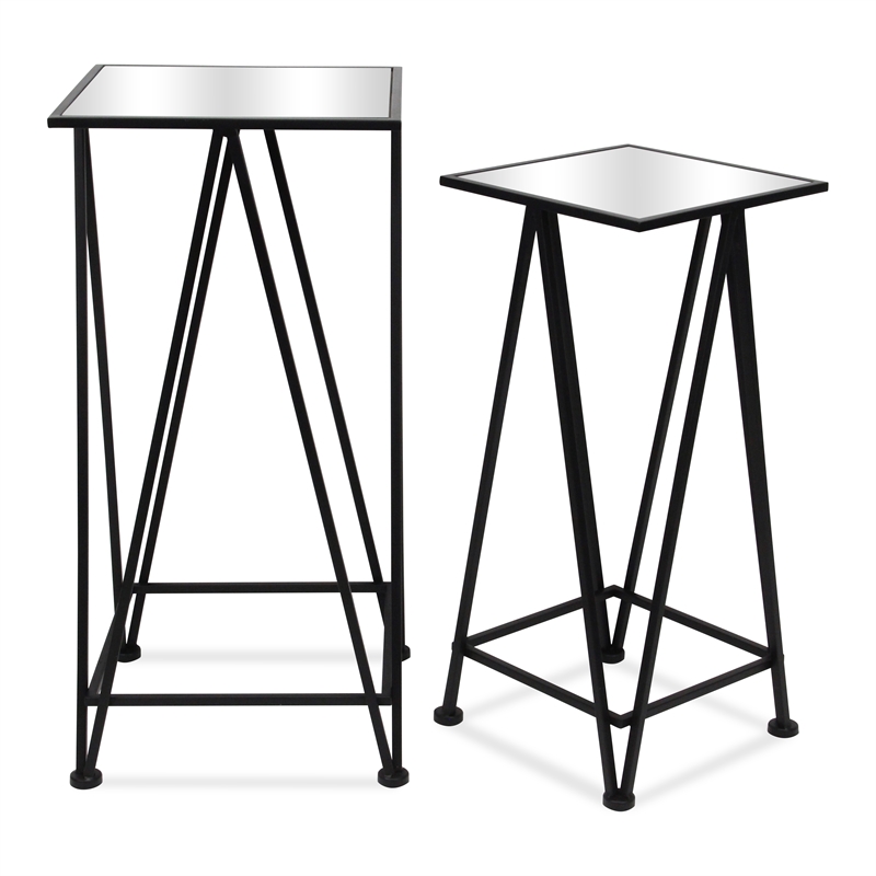 Pemberly Row Set of 2 Square Metal Tables with Mirror Tops in Black