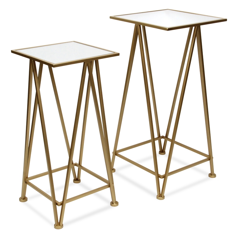 Pemberly Row Set of 2 Square Metal Tables with Mirror Tops in Gold