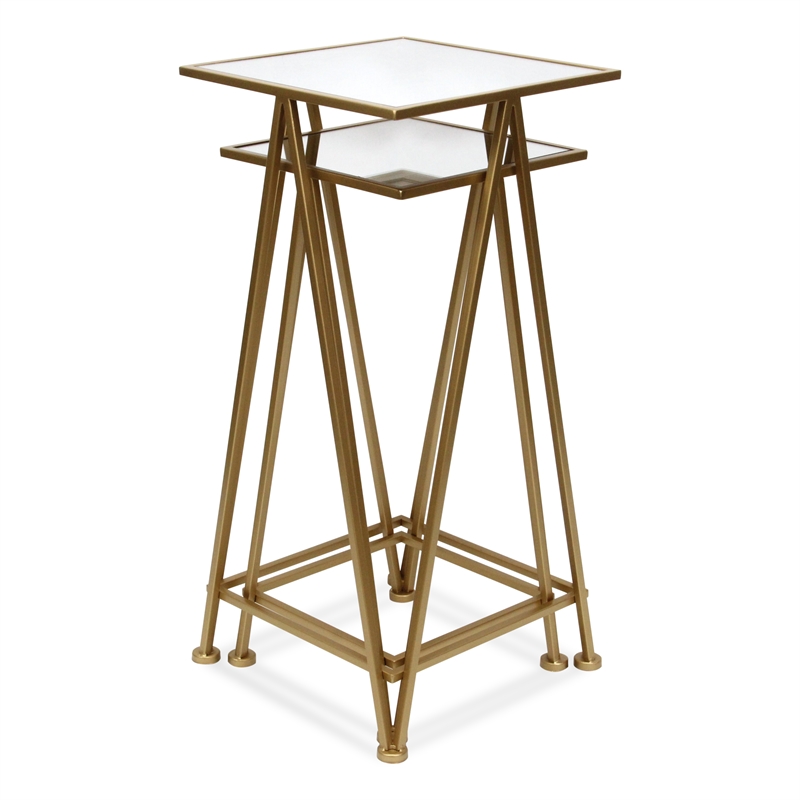 Pemberly Row Set of 2 Square Metal Tables with Mirror Tops in Gold