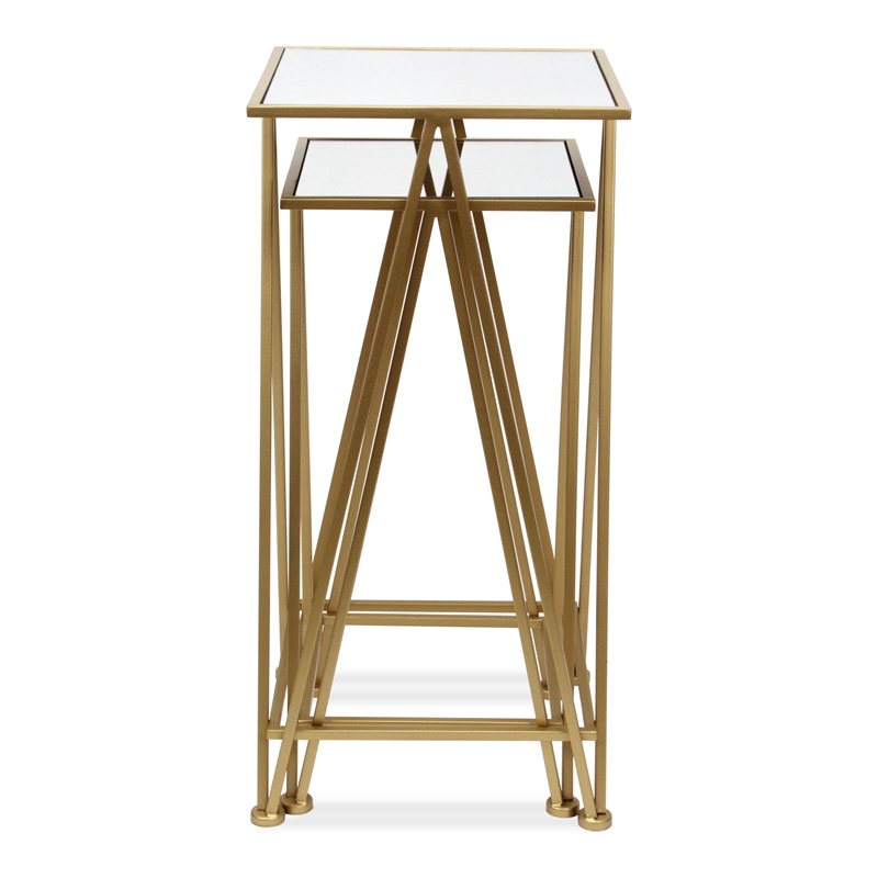 Pemberly Row Set of 2 Square Metal Tables with Mirror Tops in Gold