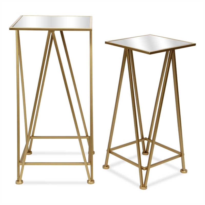 Pemberly Row Set of 2 Square Metal Tables with Mirror Tops in Gold