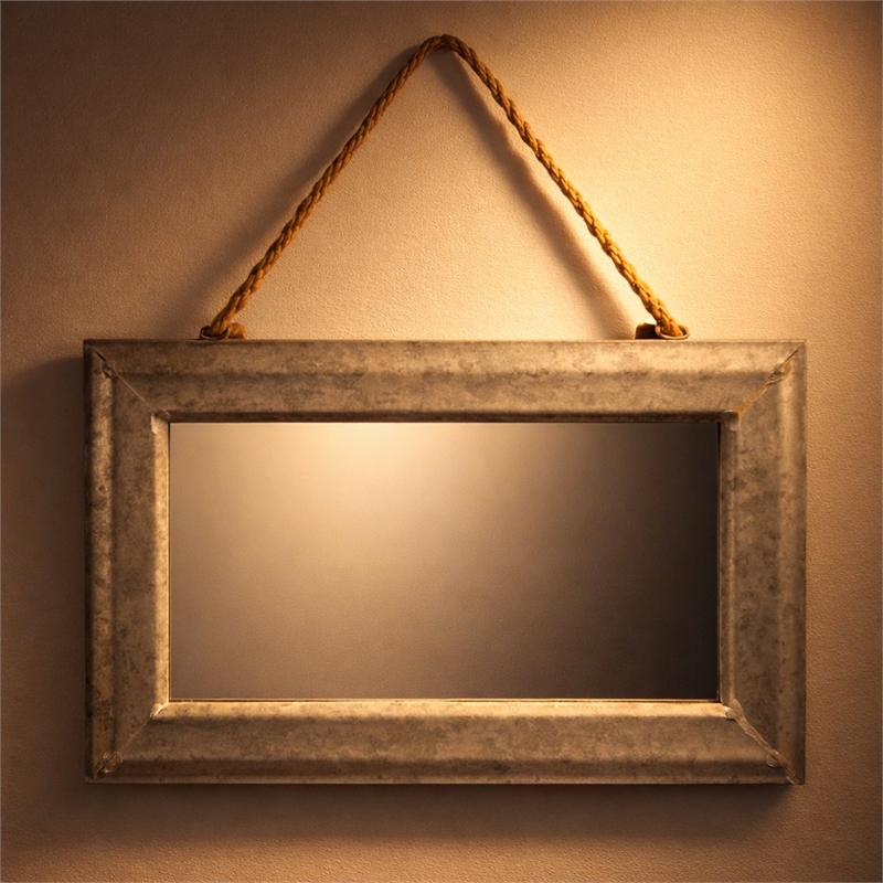 Pemberly Row Galvanized Framed Hanging Mirror with Top Rope