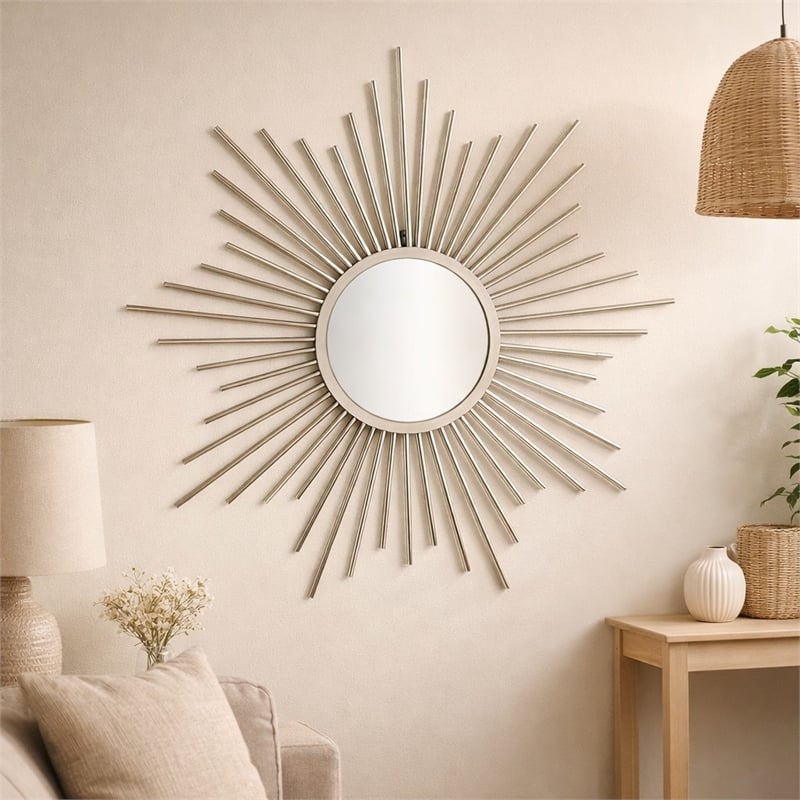 Pemberly Row Silver Metal Sunburst Wall Mirror with Hanging Opening