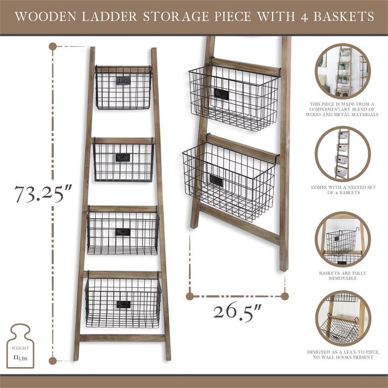 Pemberly Row Wood Storage Ladder with 4 Basket Tiers and 5 Rungs