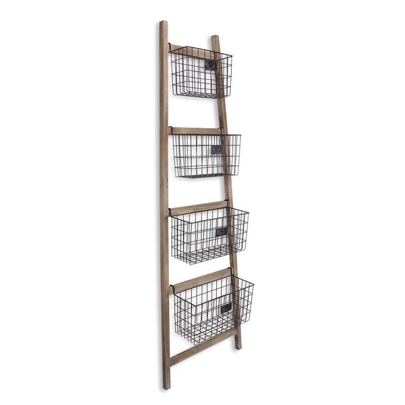 Pemberly Row Wood Storage Ladder with 4 Basket Tiers and 5 Rungs