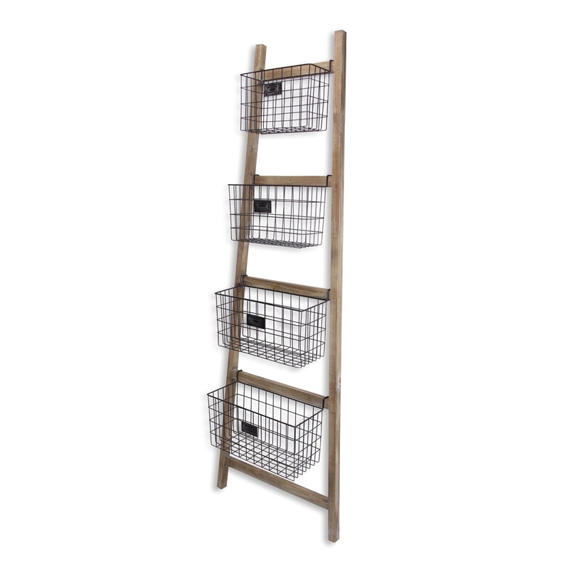 Pemberly Row Wood Storage Ladder with 4 Basket Tiers and 5 Rungs