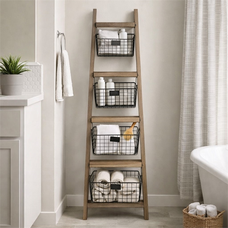 Pemberly Row Wood Storage Ladder with 4 Basket Tiers and 5 Rungs