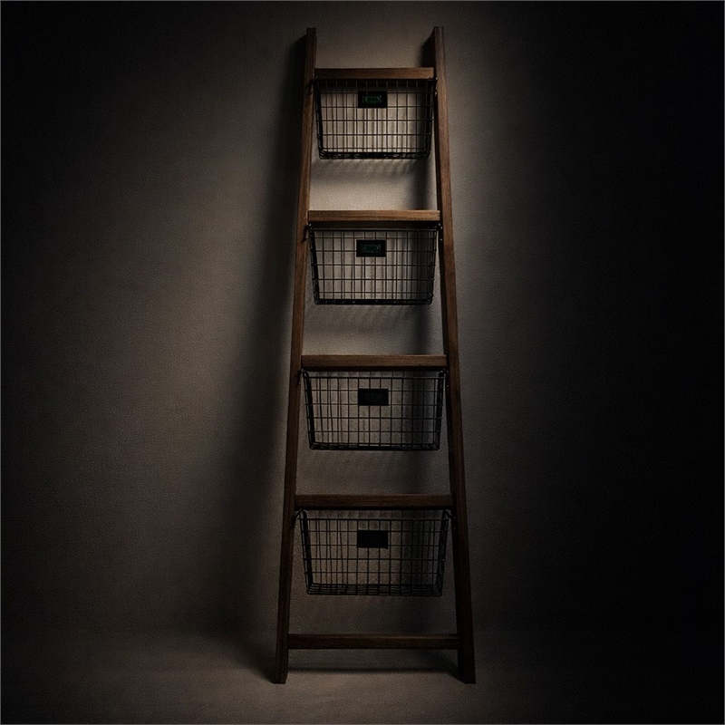 Pemberly Row Wood Storage Ladder with 4 Basket Tiers and 5 Rungs