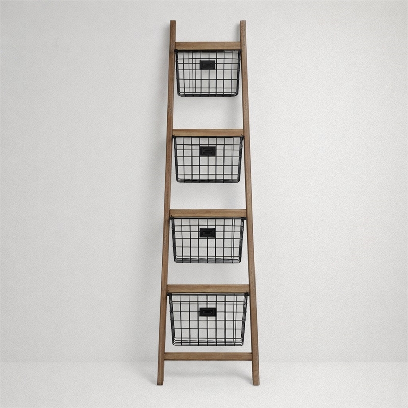 Pemberly Row Wood Storage Ladder with 4 Basket Tiers and 5 Rungs