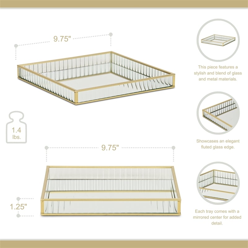 Pemberly Row Gold Square Fluted Glass Tray in 9.75 in