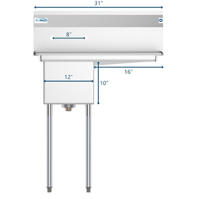 Pemberly Row Silver 12x16x10 Right NSF Stainless Steel Kitchen Prep/Utility Sink