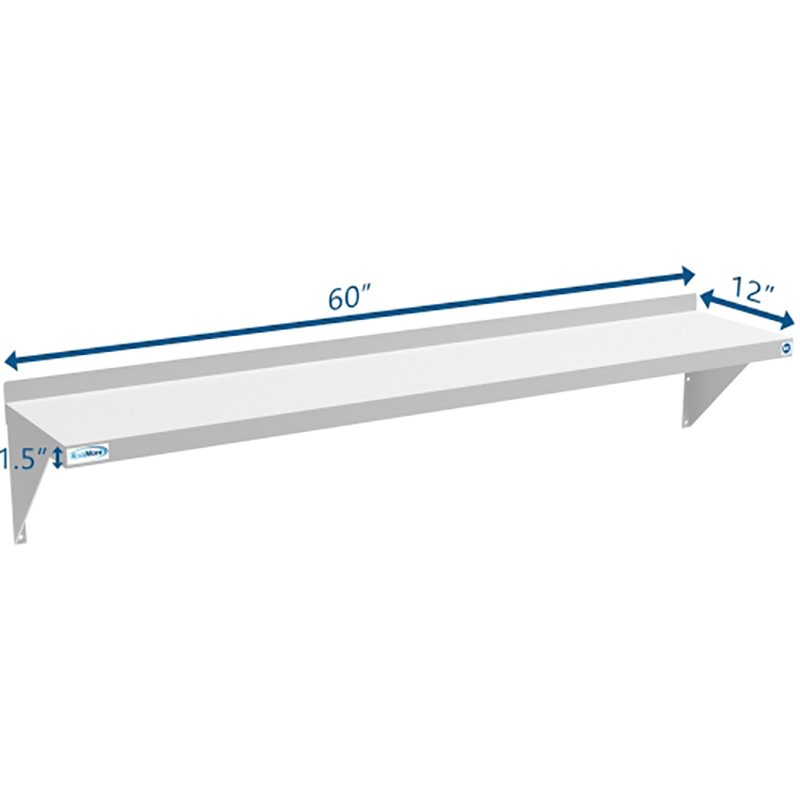 Pemberly Row 12x60 NSF Stainless Steel Wall Mount Shelf for Kitchen in Silver