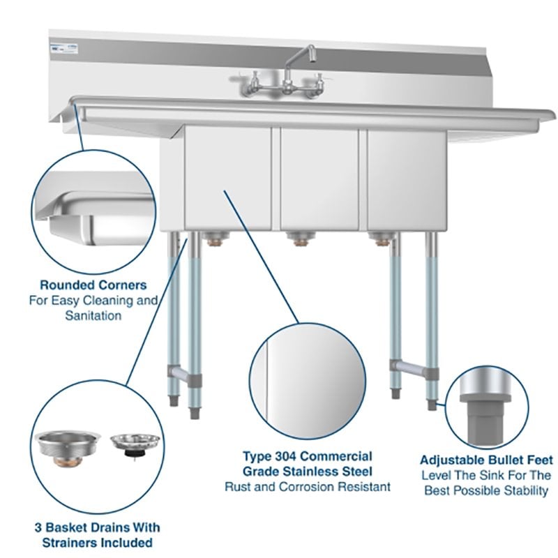 Pemberly Row Silver 10x14x10 3-Compartment Stainless Steel Kitchen Sink & Faucet